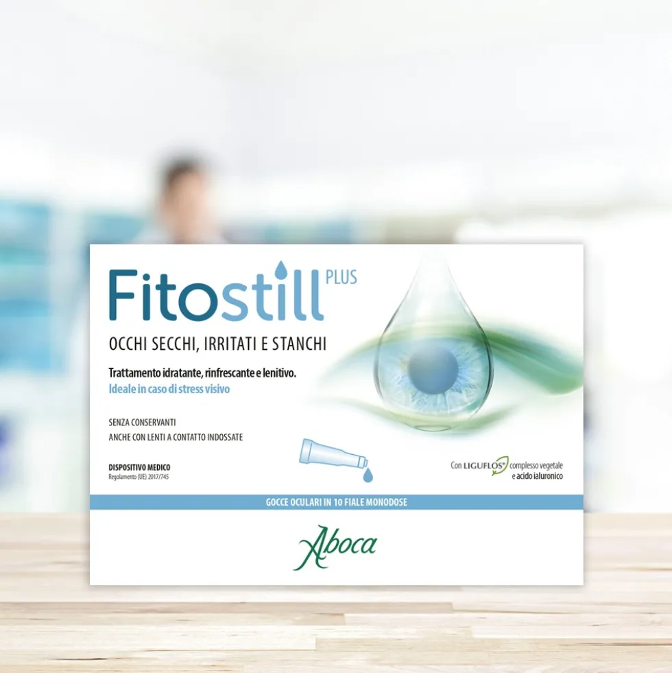 Aboca Fitostill Plus Gocce Oculari Dispositivo Medico Protettivo, Lubrificante e Lenitivo dell'Occhio Irritato, 10 Fiale Monodose x 0.5ml