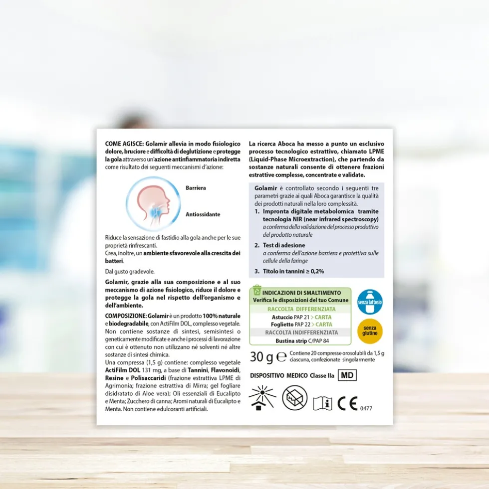 Aboca Golamir Dispositivo Medico Mal di Gola e Cavo Orale Vie Respiratorie, 20 Compresse Orosolubili