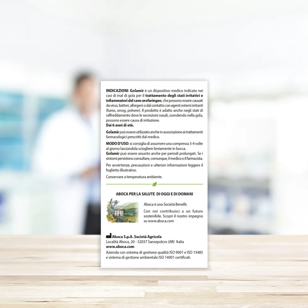 Aboca Golamir Dispositivo Medico Mal di Gola e Cavo Orale Vie Respiratorie, 20 Compresse Orosolubili