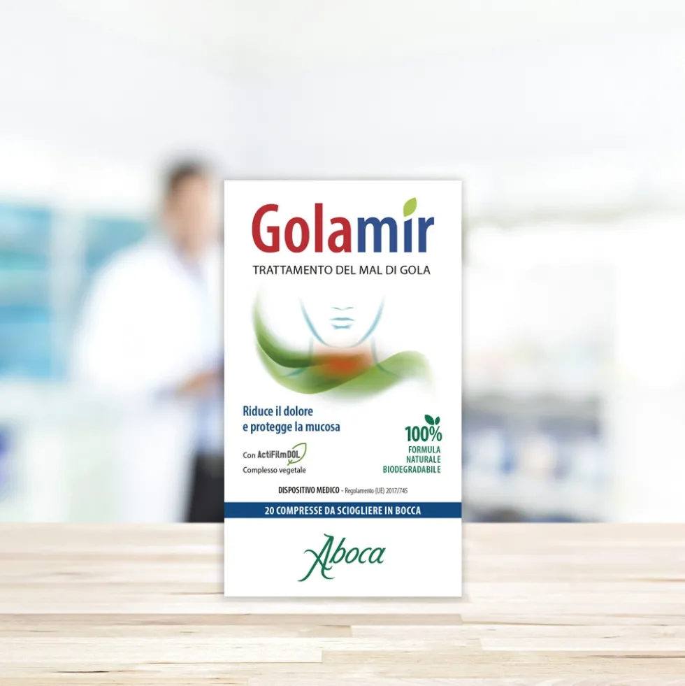 Aboca Golamir Dispositivo Medico Mal di Gola e Cavo Orale Vie Respiratorie, 20 Compresse Orosolubili