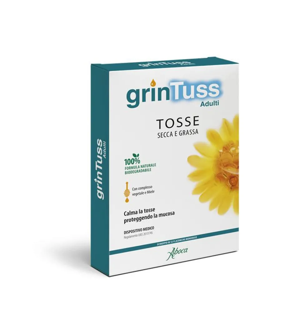 Aboca Grintuss Adulti Sciroppo Flaconcini Dispositivo Medico Tosse e Benessere Vie Respiratorie, 12 Flaconcini x 13.6g