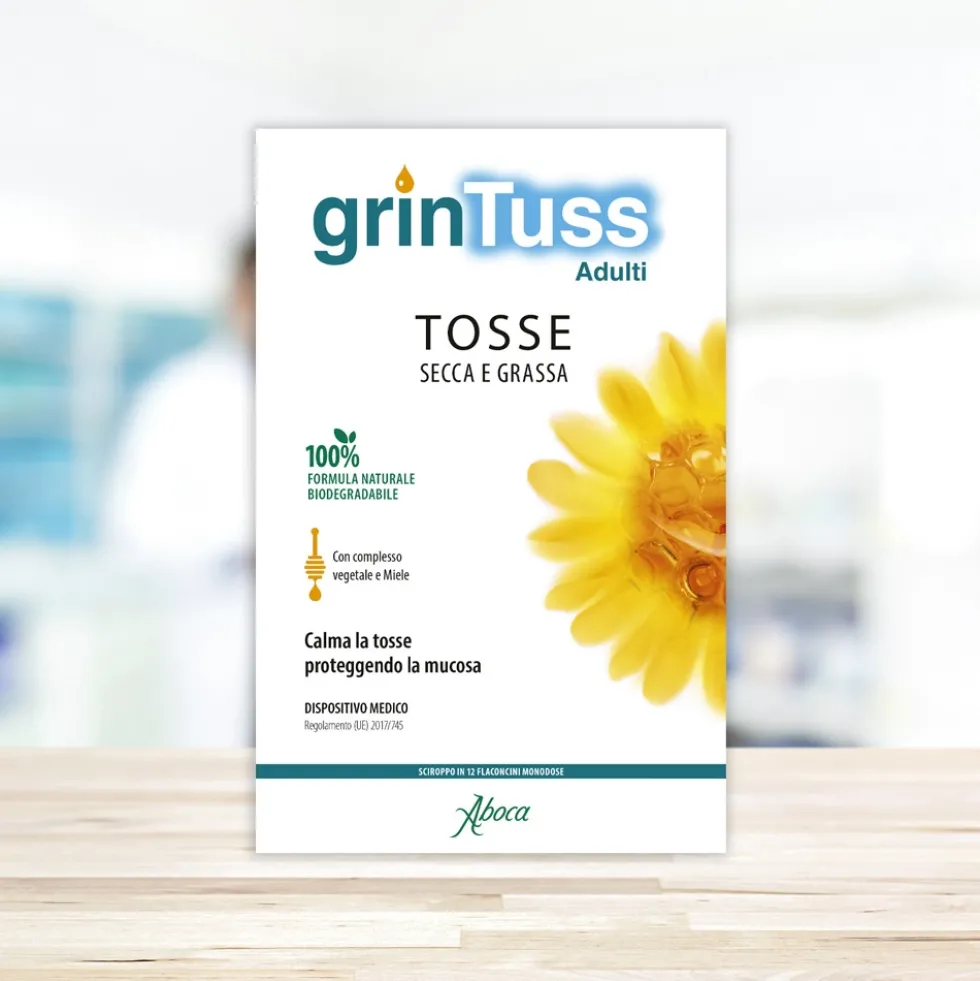 Aboca Grintuss Adulti Sciroppo Flaconcini Dispositivo Medico Tosse e Benessere Vie Respiratorie, 12 Flaconcini x 13.6g