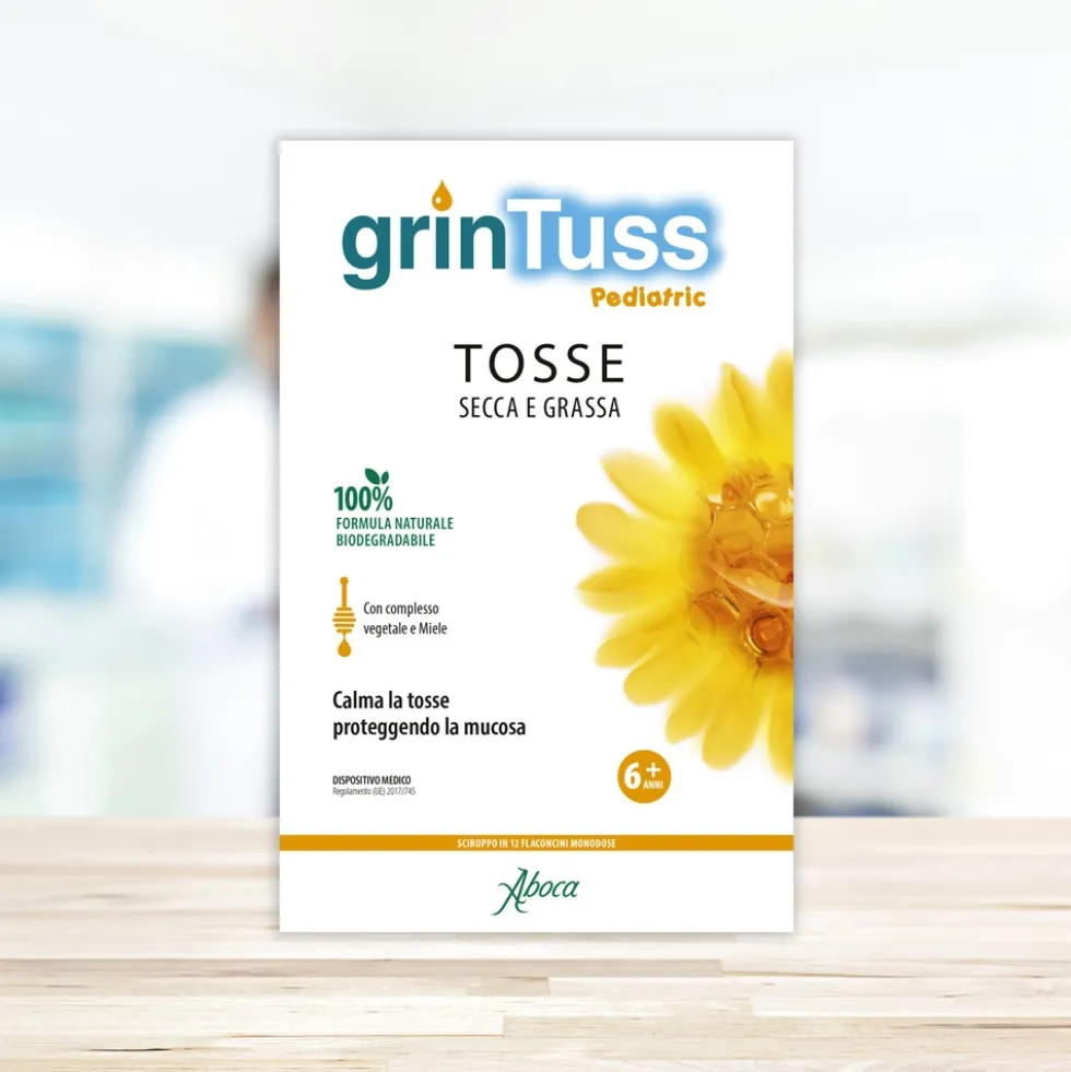 Aboca Grintuss Pediatric Sciroppo Flaconcini Dispositivo Medico Tosse e Benessere Vie Respiratorie, 12 Flaconcini x 13.6g