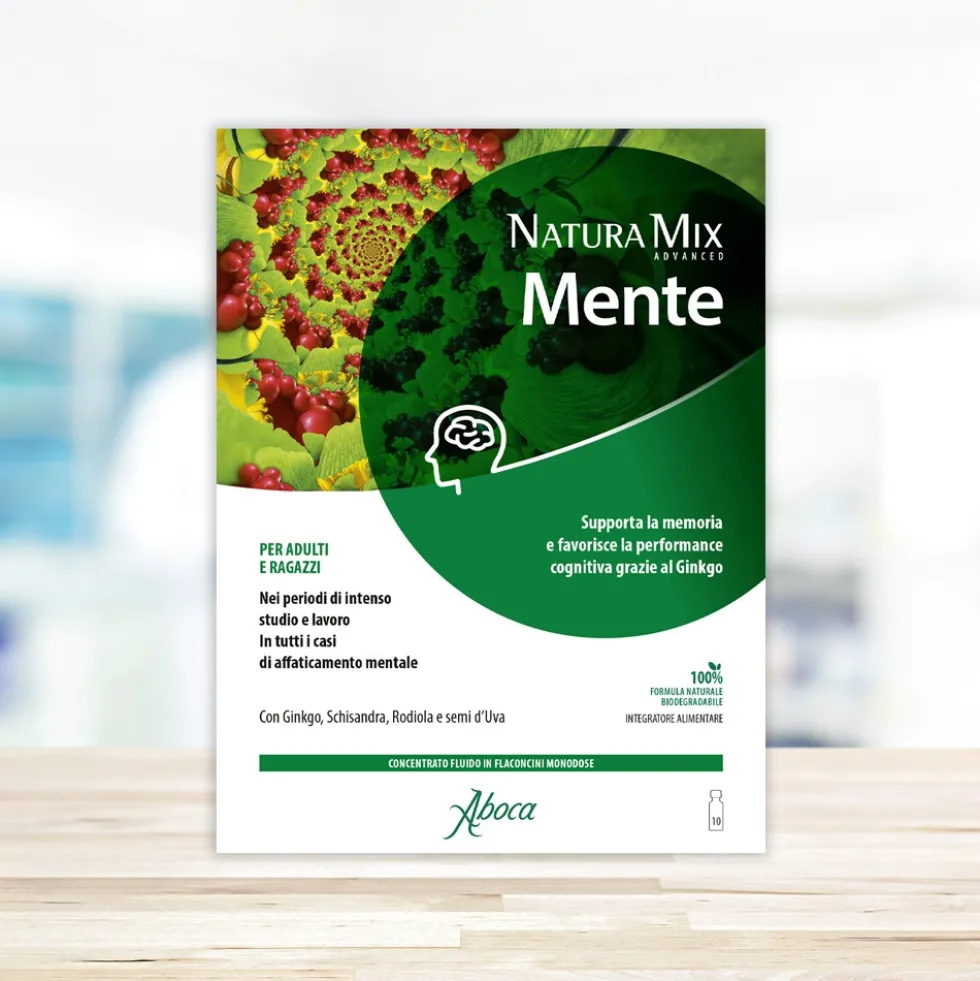 Aboca Natura Mix Advanced Mente Concentrato Fluido Integratore Mente Tono e Memoria, 10 Flaconcini x 15g