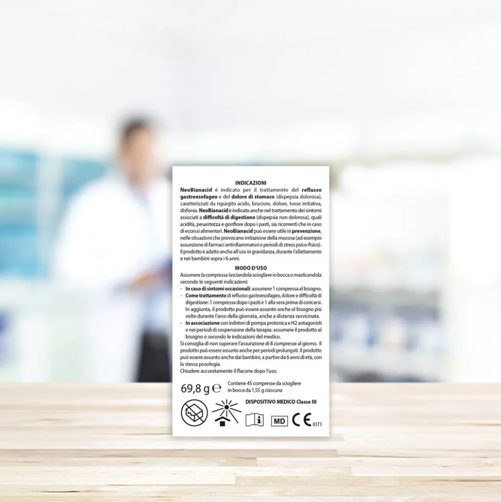 Aboca Neobianacid Gusto Limone Dispositivo Medico Acidità Reflusso Difficoltà di Digestione Apparato Gastrointestinale, 45 Compresse