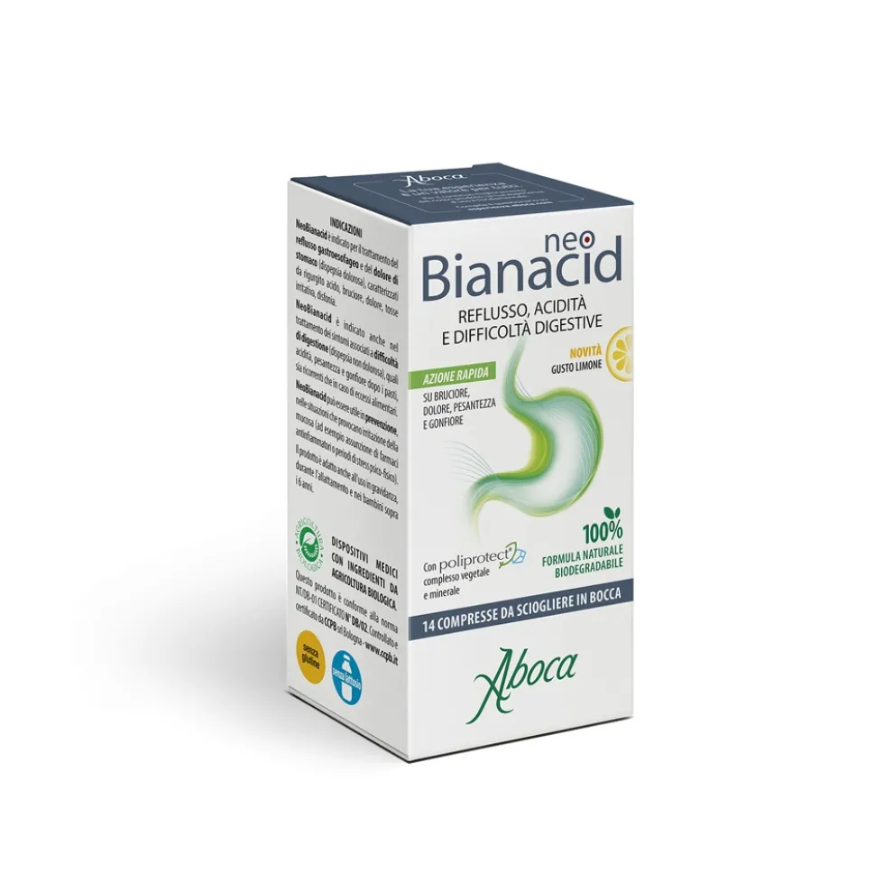 Aboca Neobianacid Gusto Limone Dispositivo Medico Acidità Reflusso Difficoltà di Digestione Apparato Gastrointestinale, 14 Compresse