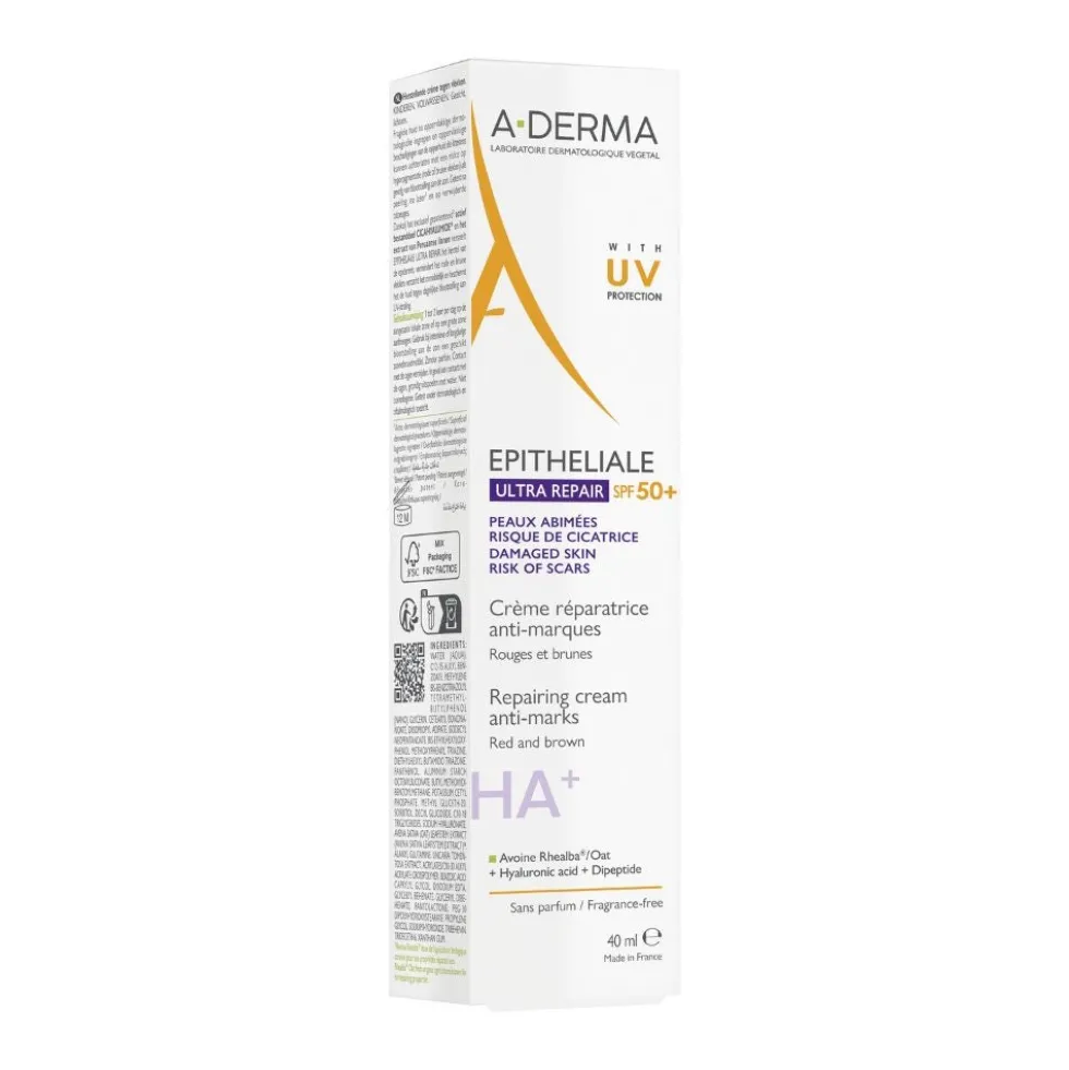 A-Derma Epitheliale - Ultra Repair SPF50+ Crema Ristrutturante Anti-Segni Riparazione Cutanea Protezione Solare Molto Alta, 40ml