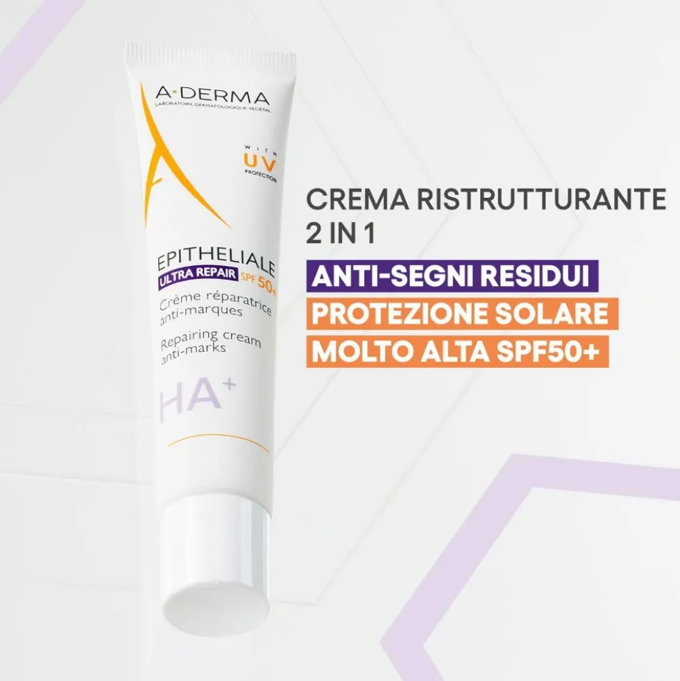 A-Derma Epitheliale - Ultra Repair SPF50+ Crema Ristrutturante Anti-Segni Riparazione Cutanea Protezione Solare Molto Alta, 40ml