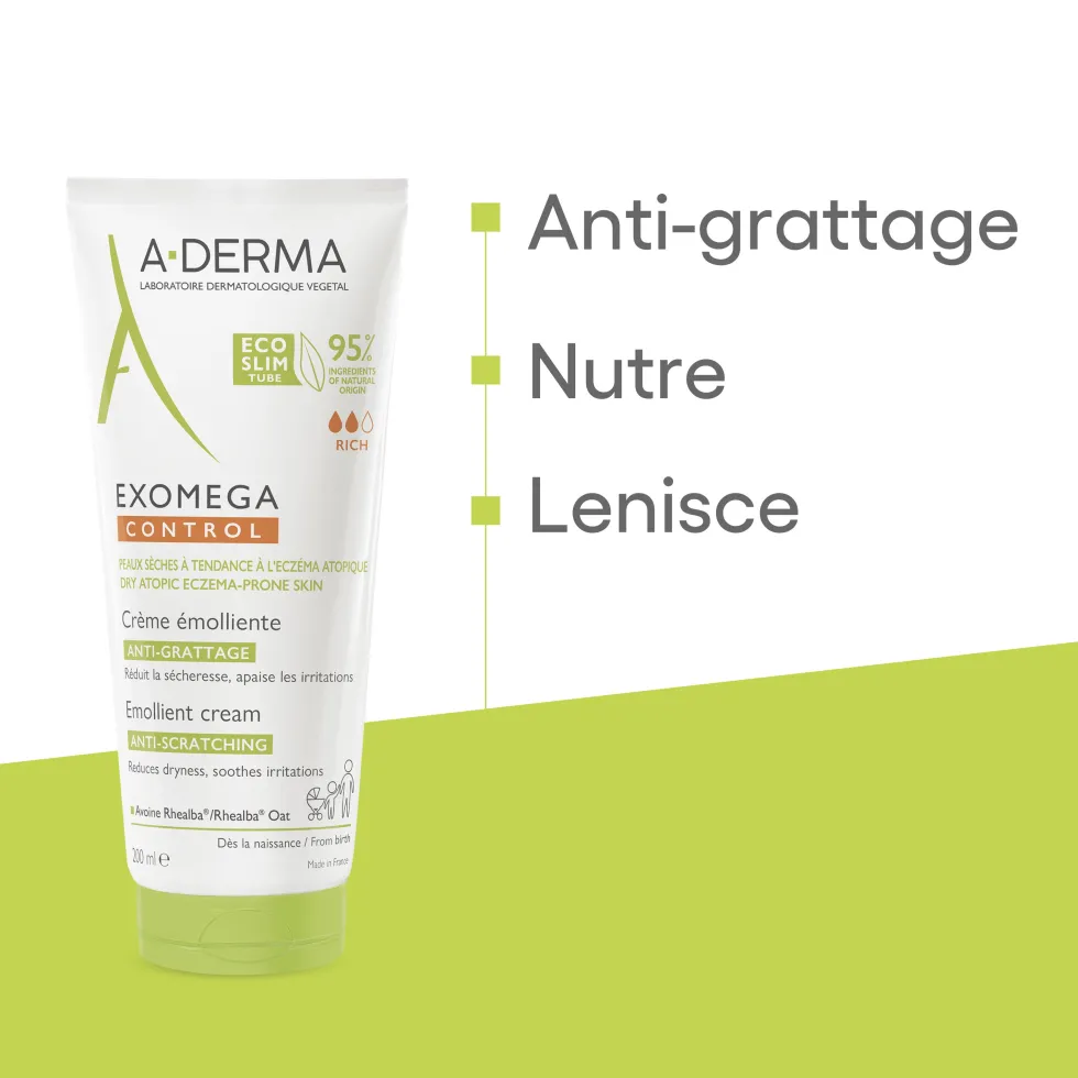 A-Derma Exomega Control - Crema Emolliente Anti-Grattage Pelle Secca e Atopica Prurito, 200ml
