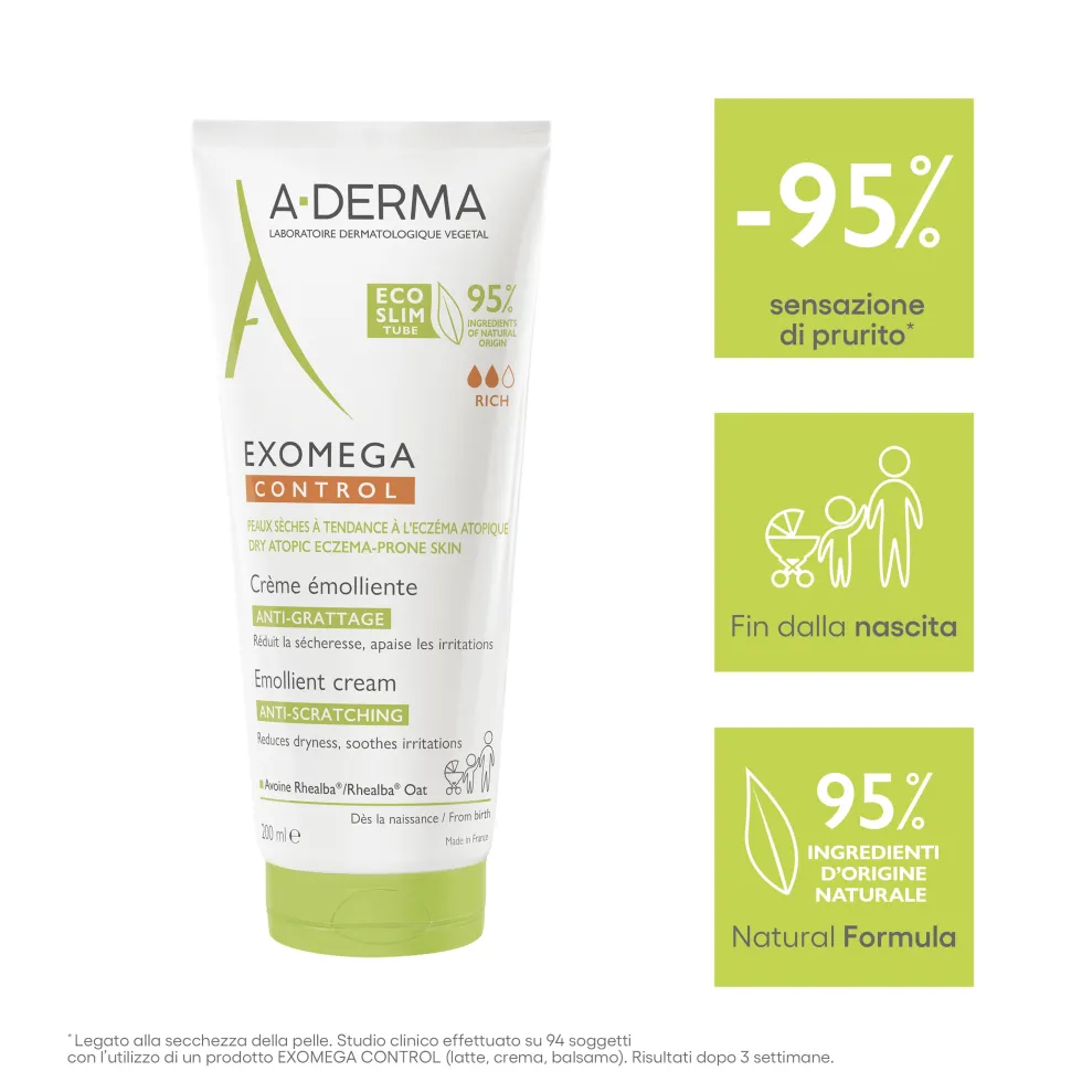 A-Derma Exomega Control - Crema Emolliente Anti-Grattage Pelle Secca e Atopica Prurito, 200ml