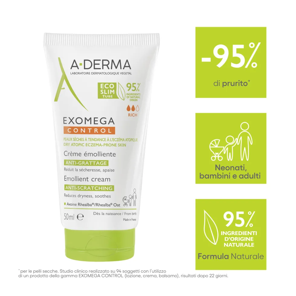 A-Derma Exomega Control - Crema Emolliente Pelle Secca Tendenza Atopica, 50ml