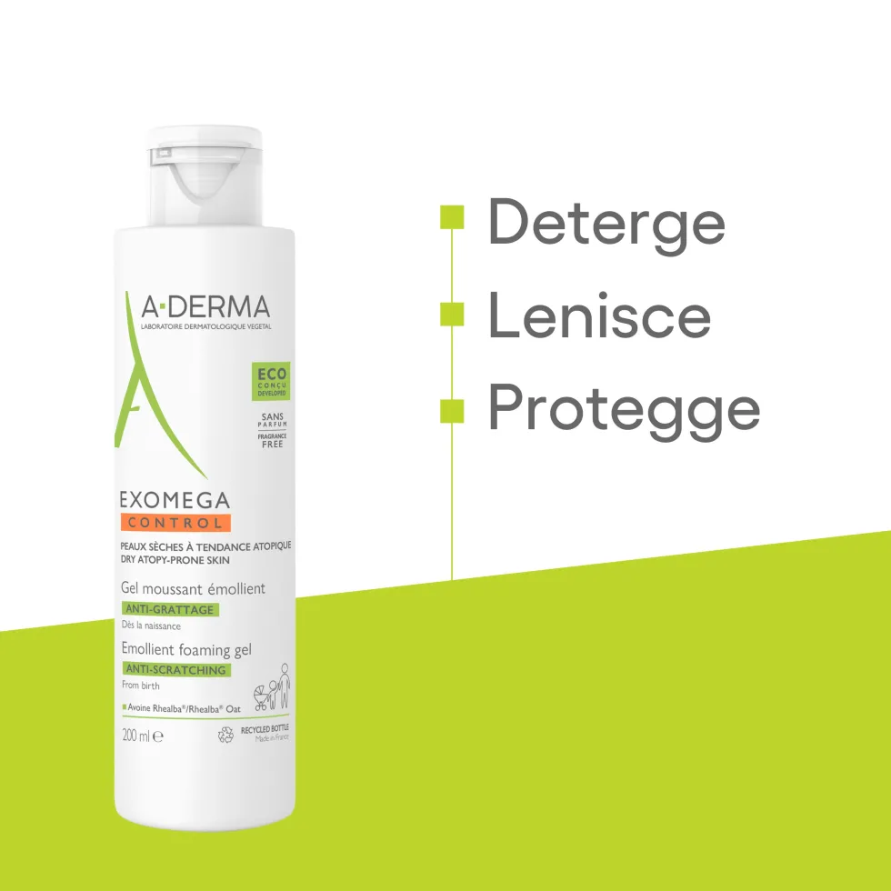 A-Derma Exomega Control - Gel Detergente Emolliente Viso e Corpo, 200ml
