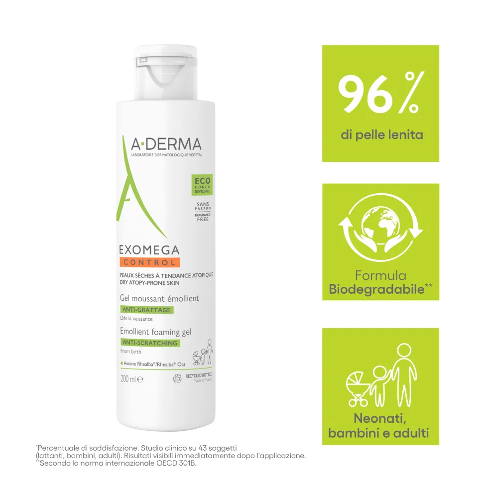 A-Derma Exomega Control - Gel Detergente Emolliente Viso e Corpo, 200ml