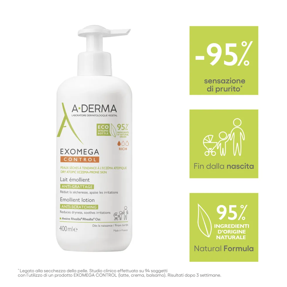 A-Derma Exomega Control - Latte Emolliente per Pelle Secca e Atopica, 400ml