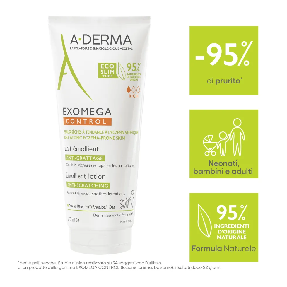 A-Derma Exomega Control - Latte Emolliente Anti-Grattage per Pelle Secca a Tendenza Atopica Prurito, 200ml