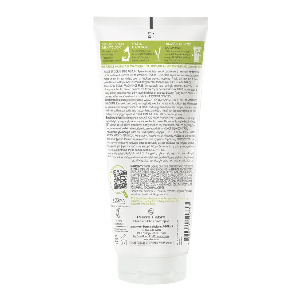 A-Derma Exomega Control - Latte Emolliente Anti-Grattage per Pelle Secca a Tendenza Atopica Prurito, 200ml