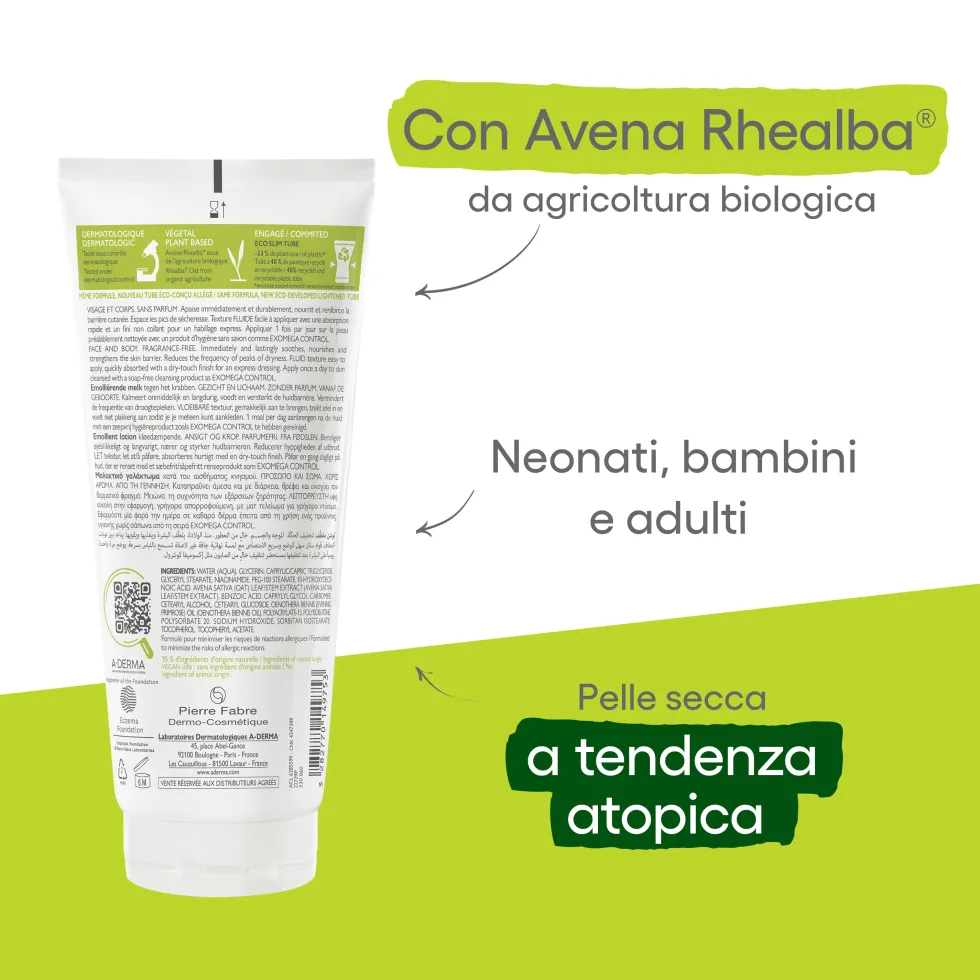 A-Derma Exomega Control - Latte Emolliente Anti-Grattage per Pelle Secca a Tendenza Atopica Prurito, 200ml