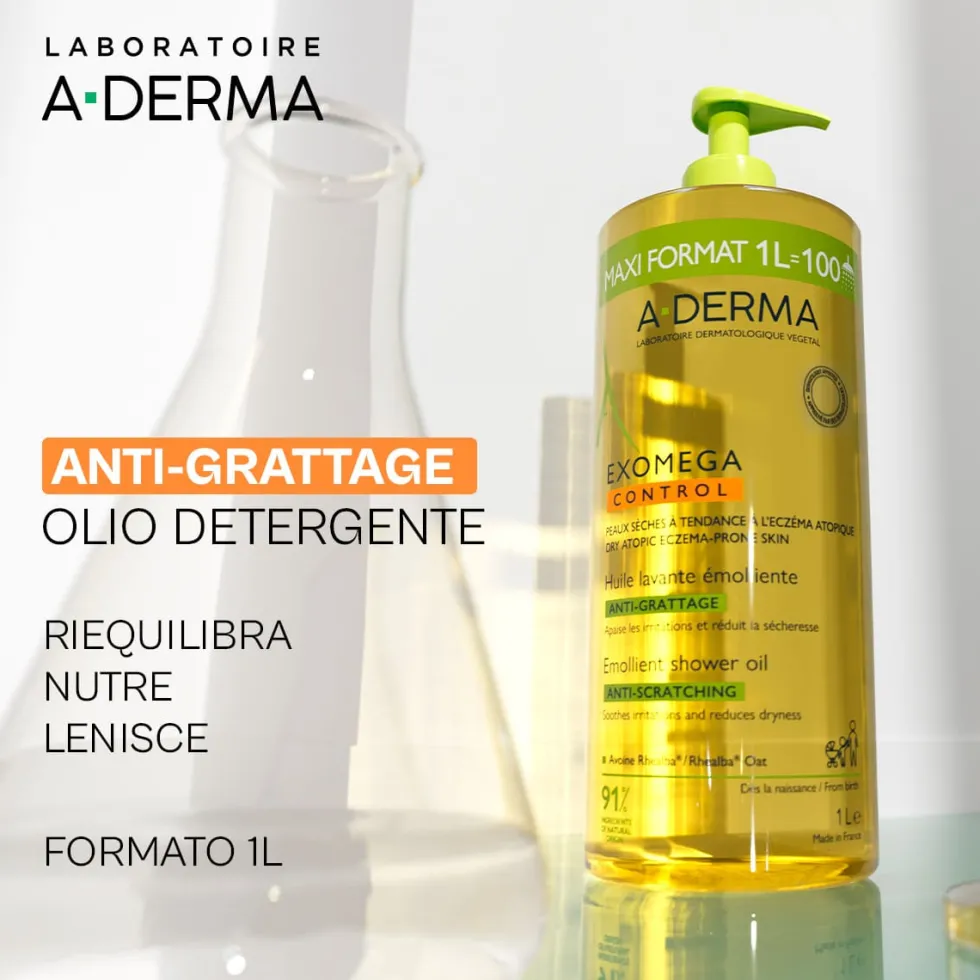 A-Derma Exomega Control Olio lavante emolliente per la pelle secca e atopica, 1 litro