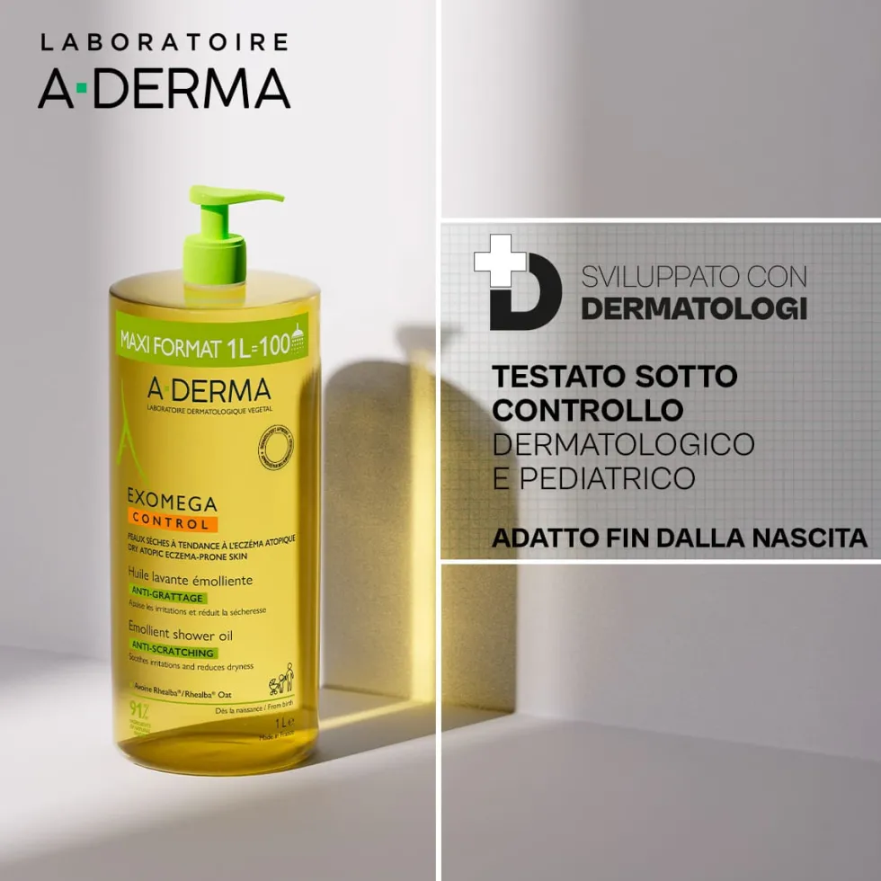 A-Derma Exomega Control Olio lavante emolliente per la pelle secca e atopica, 1 litro