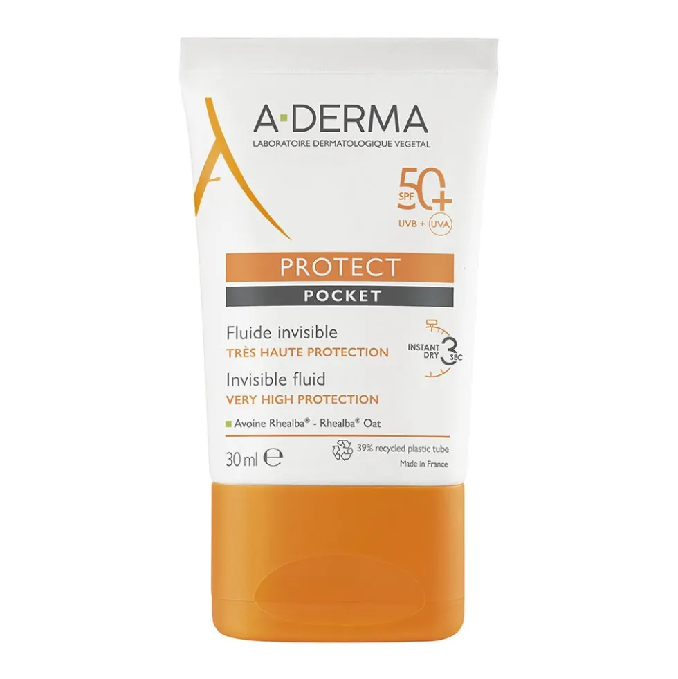 A-Derma Protect Pocket Fluido Invisibile SPF 50+ - Fluido solare per pelli sensibili, 30 ml