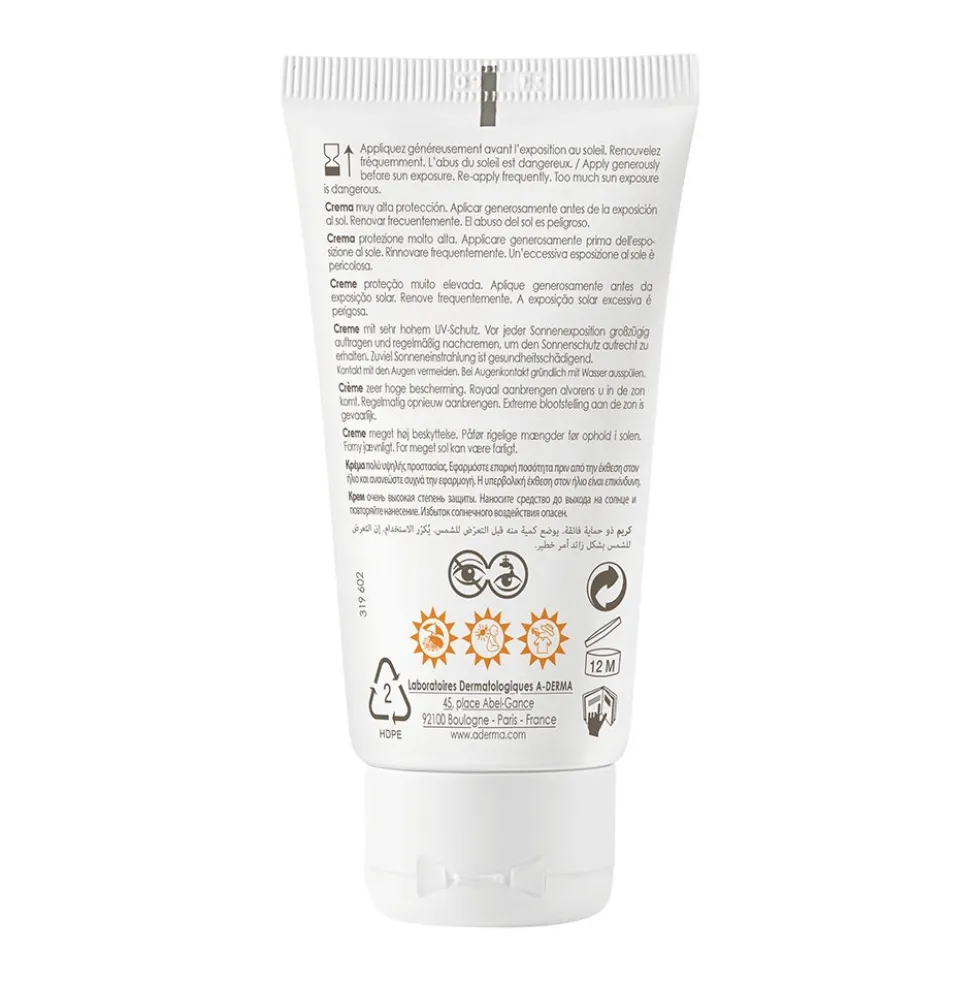 A-Derma Protect SPF 50+ - Crema solare viso ad altissima protezione per pelli fragili, 40 ml