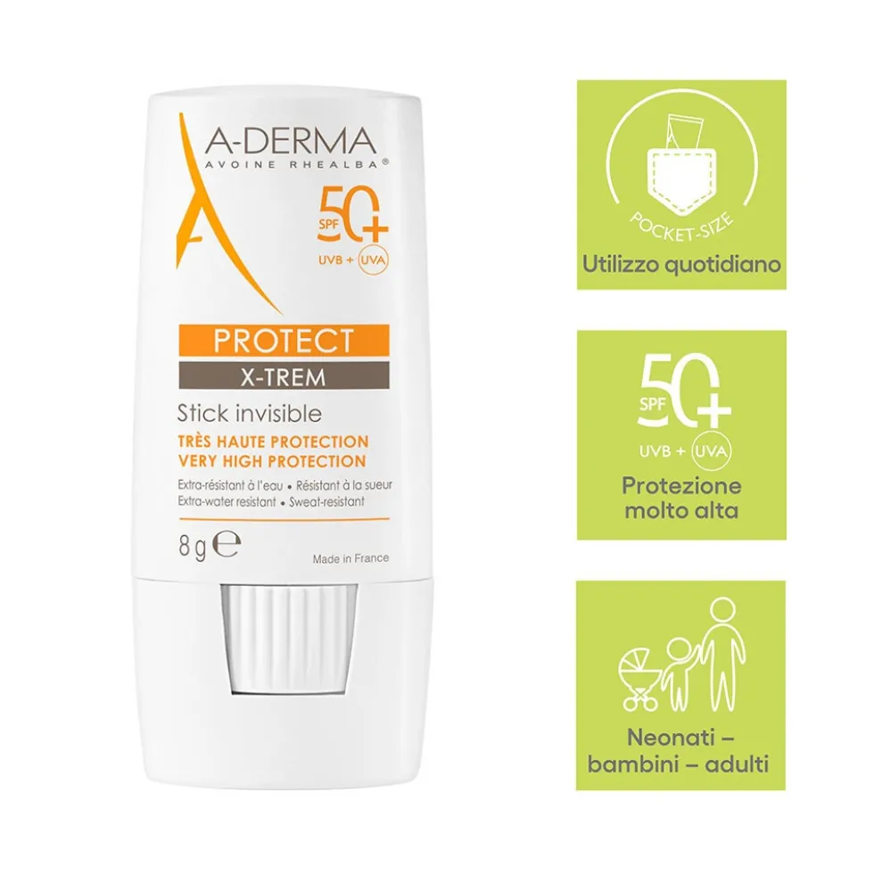 A-Derma Protect X-Trem - Stick solare invisibile SPF 50+ per le zone fragili, 8 g