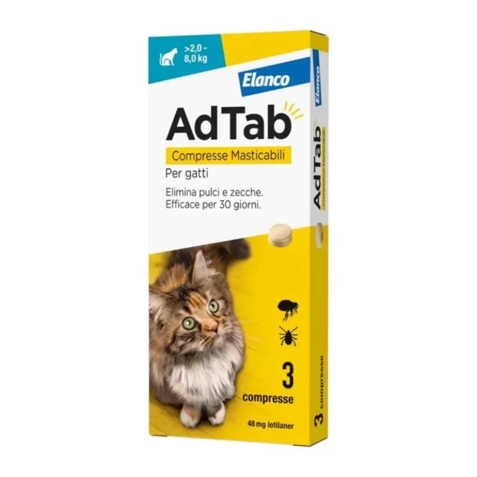 AdTab Lotilaner 48mg Antiparassitario per Gatti 2-8Kg, 3 compresse