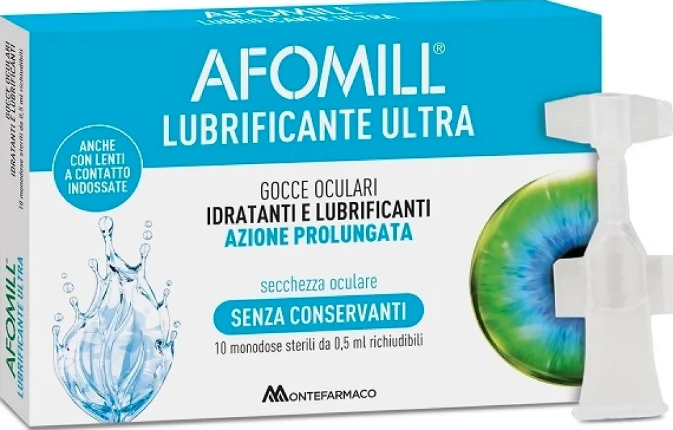 Afomill Lubrificante Ultra - Soluzione oftalmica per la secchezza oculare, 10 flaconcini da 0,5 ml