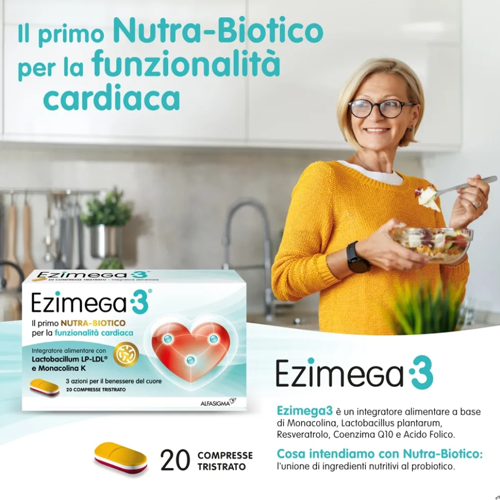 Alfasigma Ezimega 3 - Integratore alimentare per il controllo del colesterolo, 20 compresse