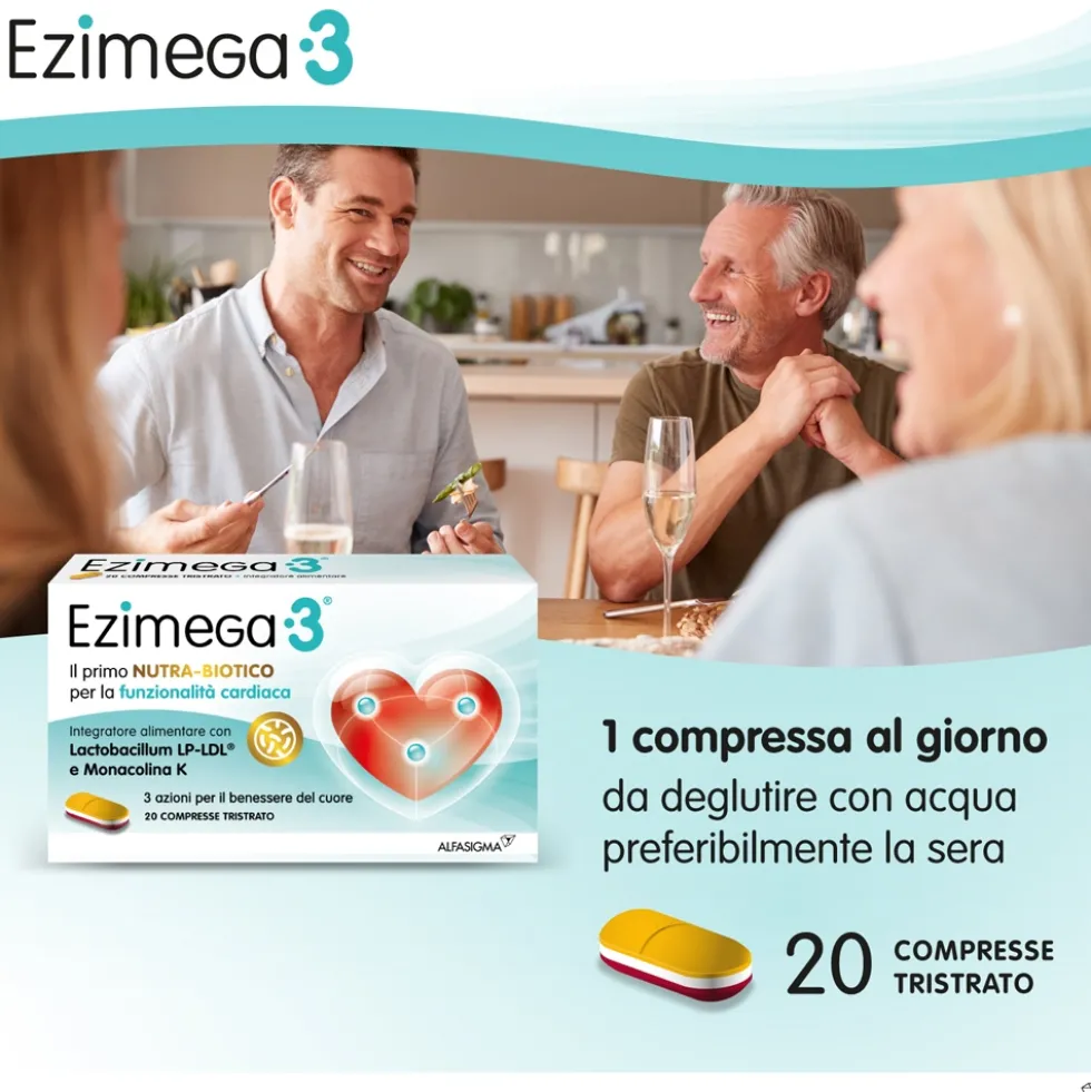 Alfasigma Ezimega 3 - Integratore alimentare per il controllo del colesterolo, 20 compresse