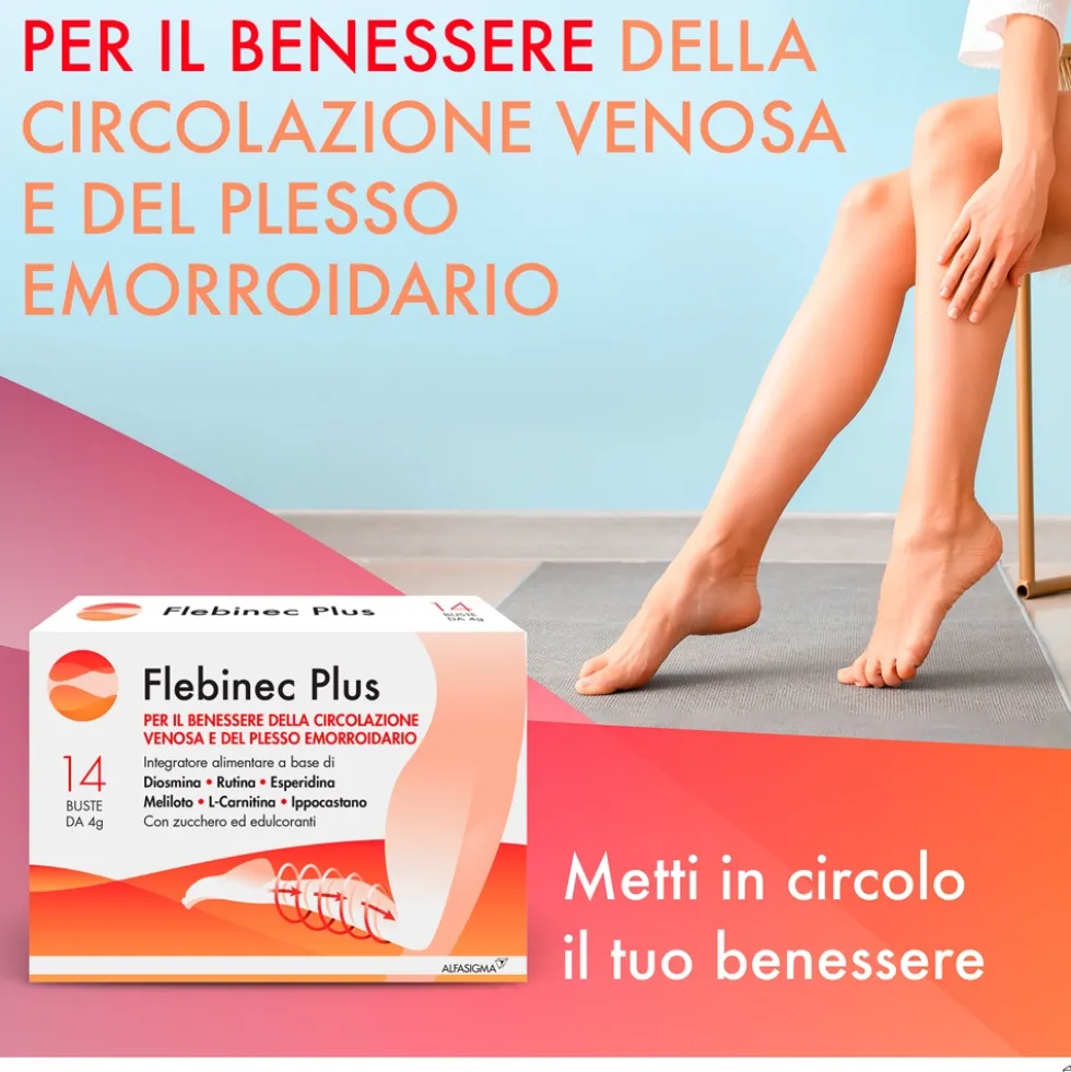 Alfasigma Flebinec Plus - Integratore per il microcircolo e la circolazione venosa, 14 bustine