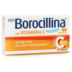 Alfasigma Neoborocillina con Vitamina C Senza Zucchero Antisettico del Cavo Orofaringeo Disinfettante Gola, 20 Compresse