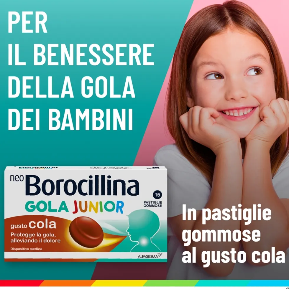 Alfasigma NeoBorocillina Gola Junior Gusto Cola - Pastiglie gommose per il mal di gola, 15 pastiglie