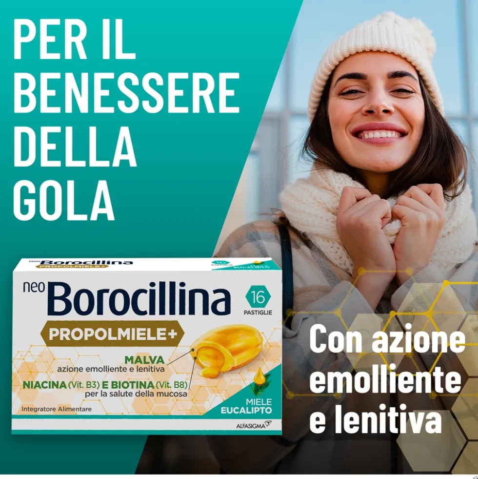Alfasigma NeoBorocillina Propolmiele+ Gola Gusto Miele e Eucalipto, 16 Pastiglie