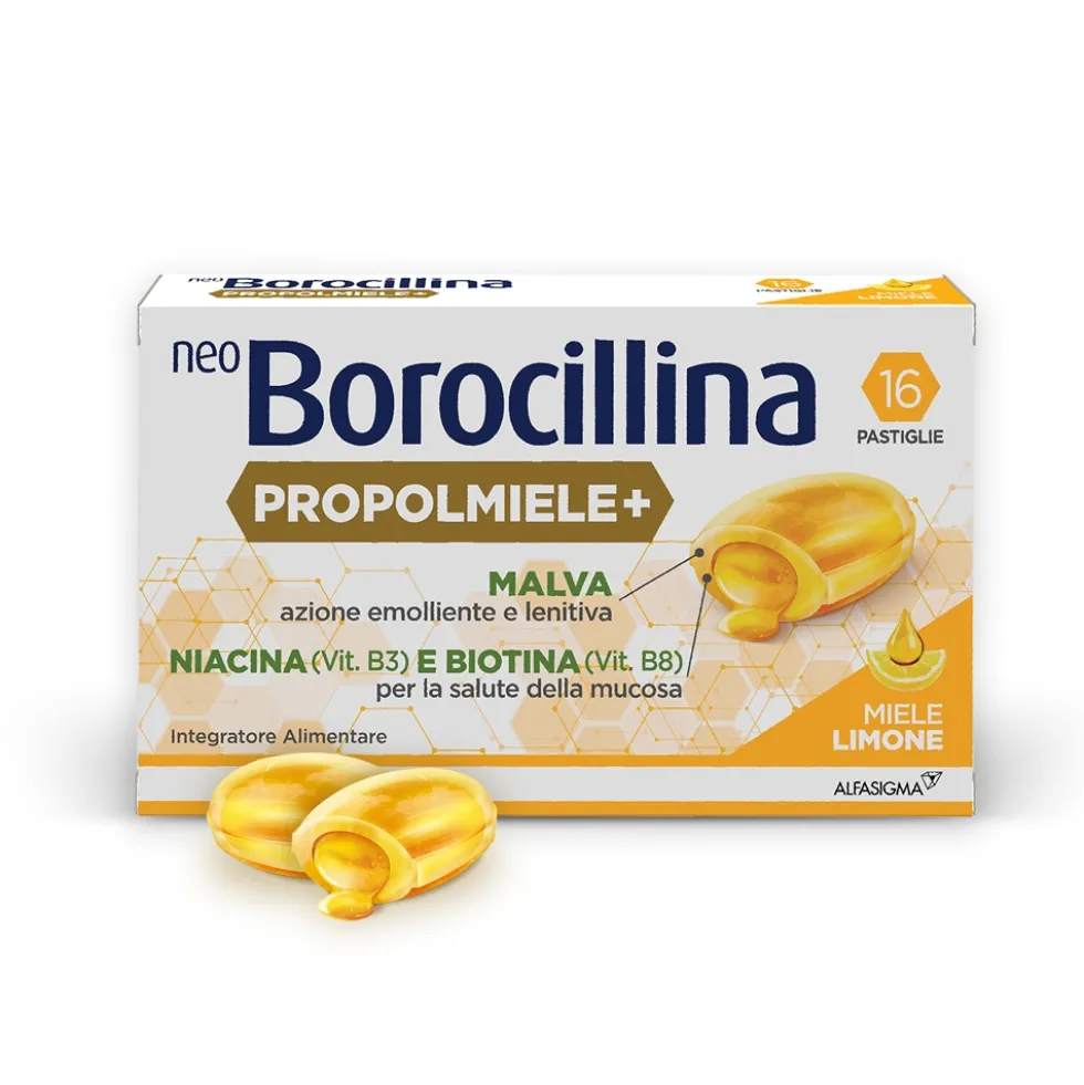 Alfasigma NeoBorocillina Propolmiele+ - Pastiglie per la gola al miele e limone, 16 pastiglie