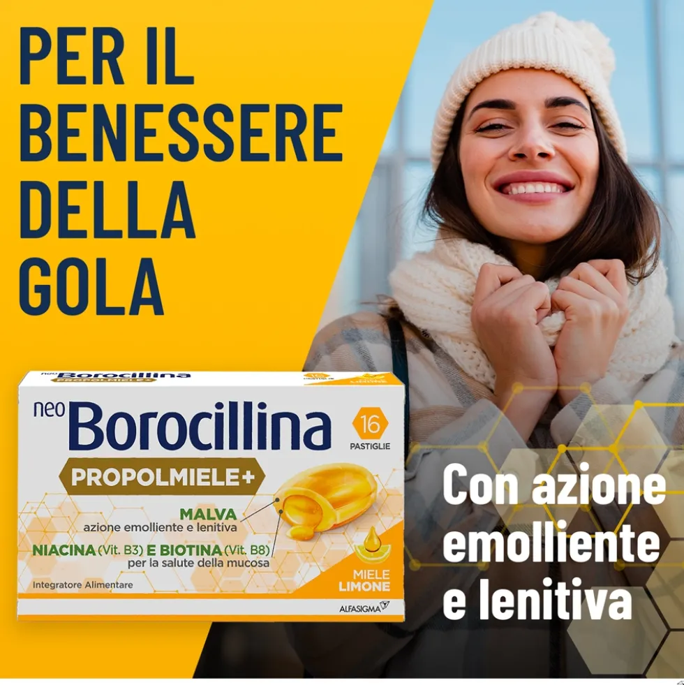 Alfasigma NeoBorocillina Propolmiele+ - Pastiglie per la gola al miele e limone, 16 pastiglie