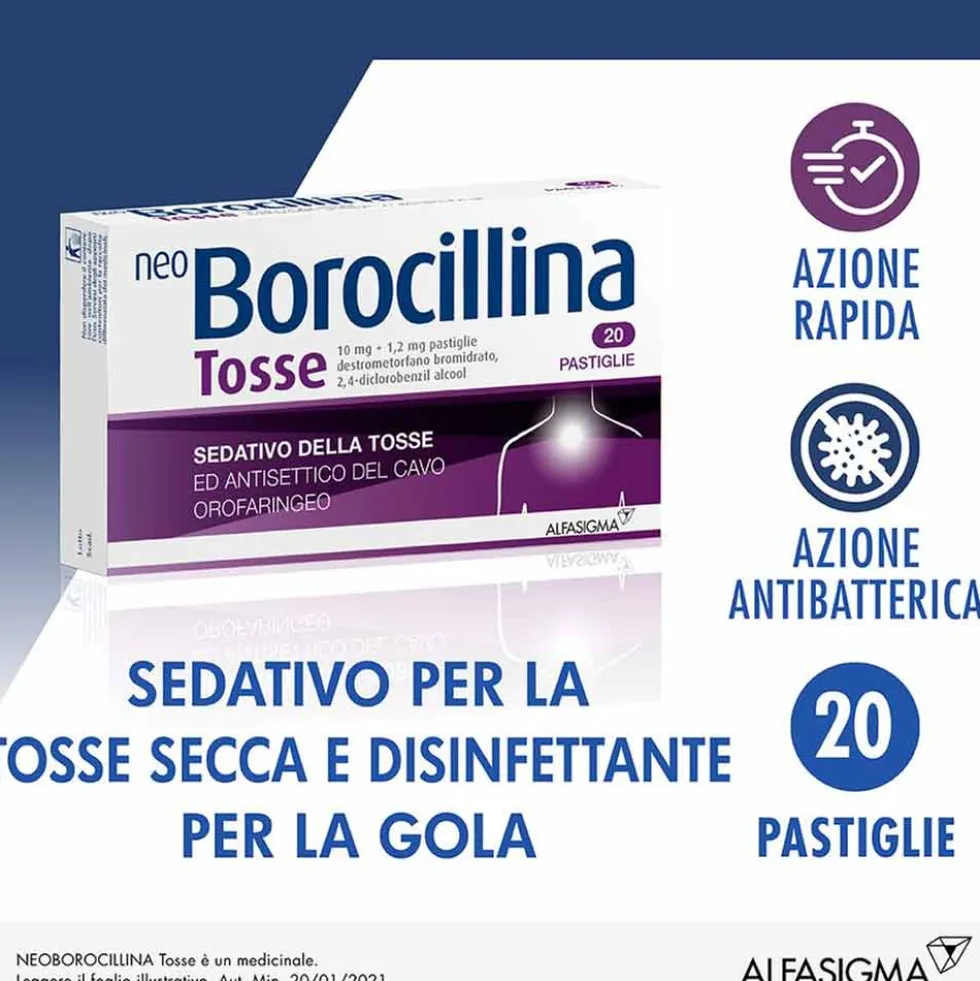 Alfasigma Neoborocillina Tosse Sedativo della Tosse e Antisettico della Gola, 20 Pastiglie