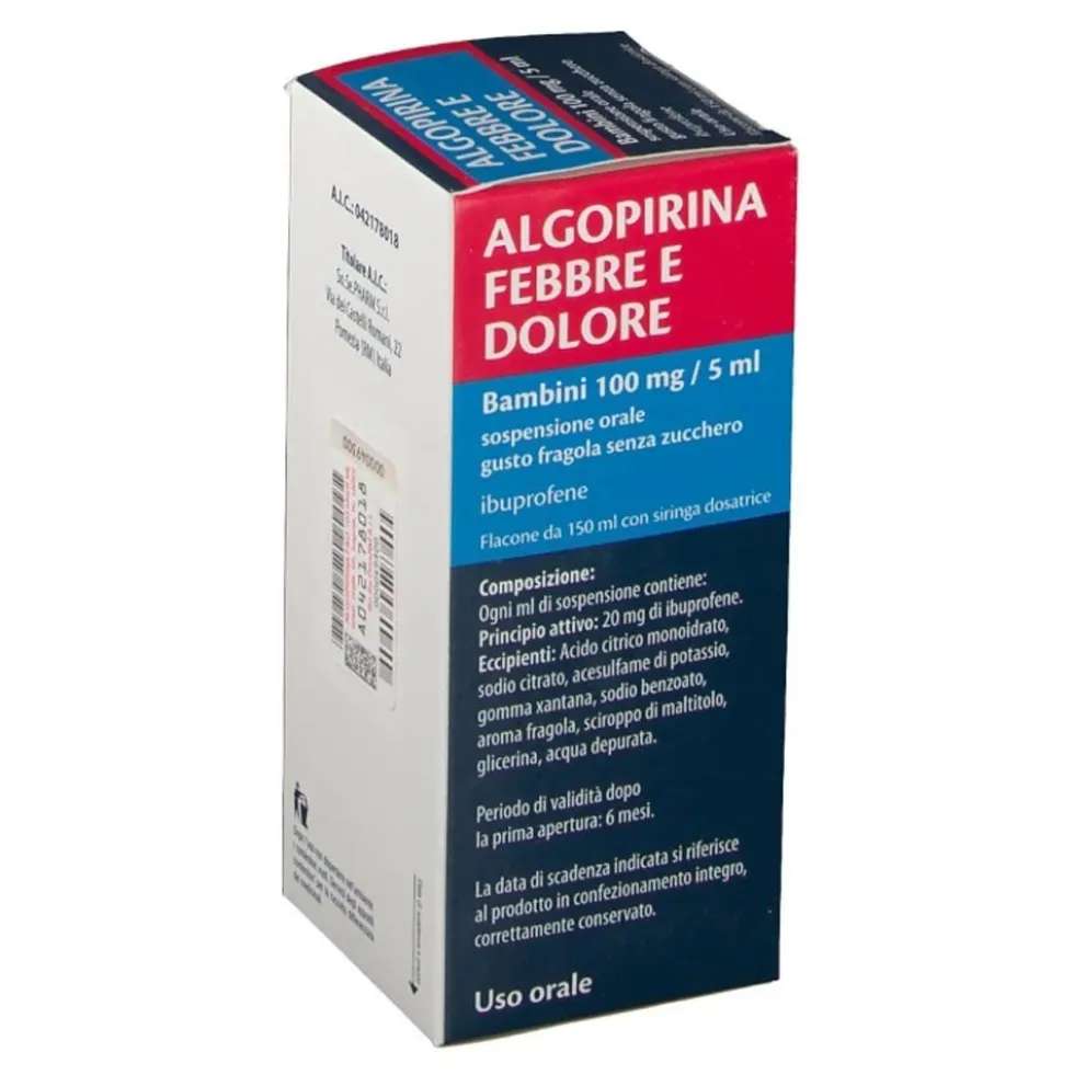 Algopirina Febbre Dolore Bambini 100mg/5ml Ibuprofene Sospensione Orale Gusto Fragola, 150ml