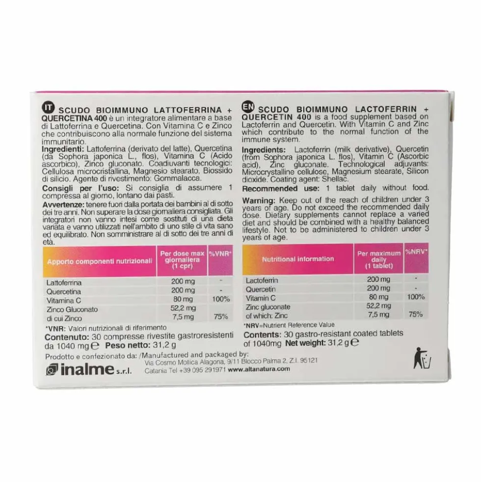 Alta Natura Scudo - Integratore Lattoferrina 400 + Quercetina, 30 Compresse