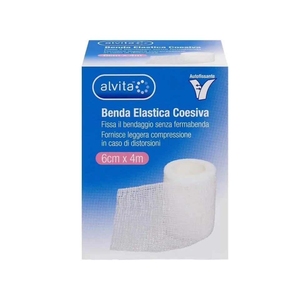 Alvita Benda Elastica Coesiva - Benda per fissaggio e compressione, 1 benda da 6 cm x 4 m