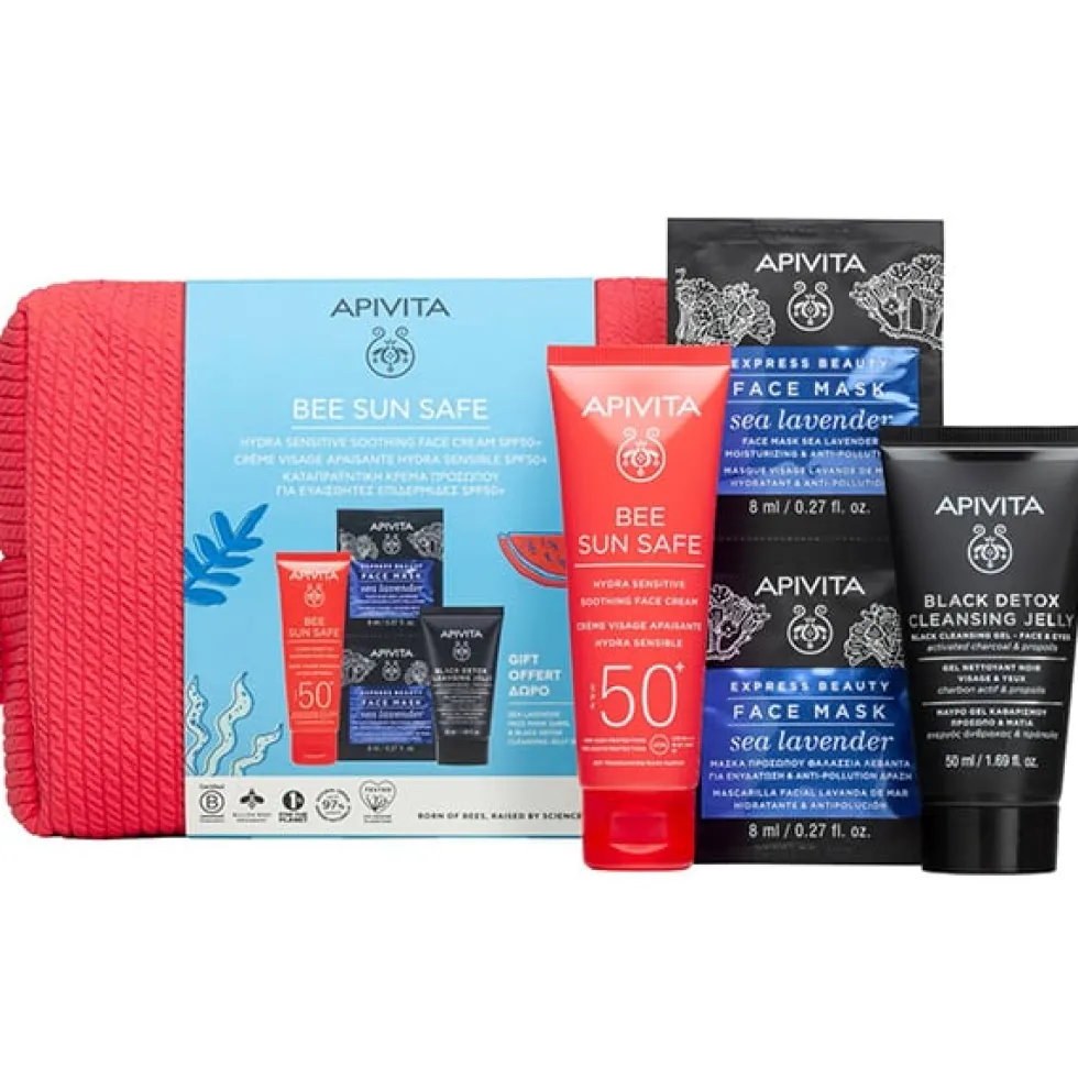 Apivita Bee Sun Safe - Pochette solare viso per le pelli sensibili con SPF 50+, 4 pezzi