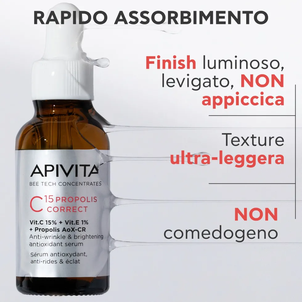Apivita C15 Propolis Correct - Siero viso alla vitamina C contro le rughe e le macchie, 30 ml