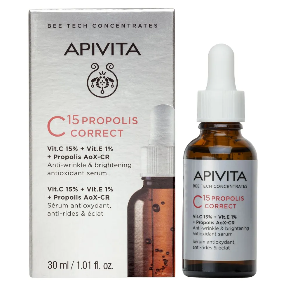 Apivita C15 Propolis Correct - Siero viso alla vitamina C contro le rughe e le macchie, 30 ml