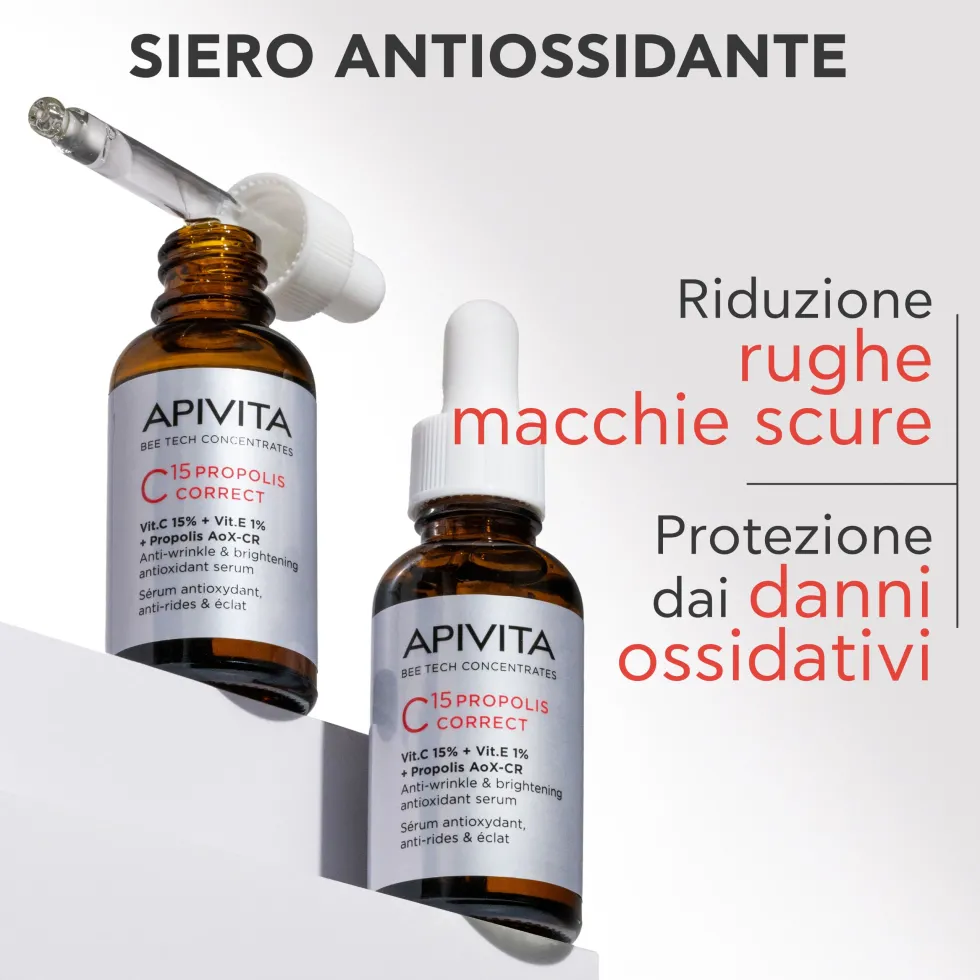 Apivita C15 Propolis Correct - Siero viso alla vitamina C contro le rughe e le macchie, 30 ml