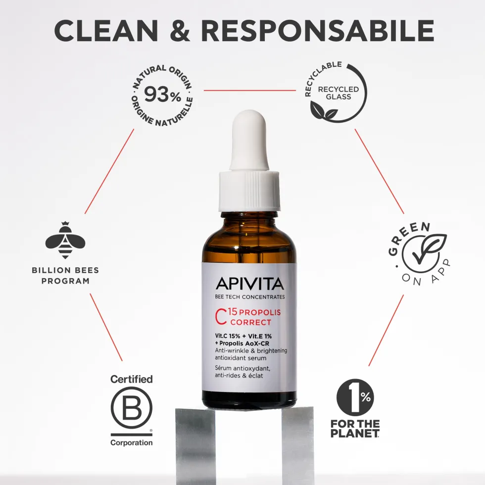 Apivita C15 Propolis Correct - Siero viso alla vitamina C contro le rughe e le macchie, 30 ml