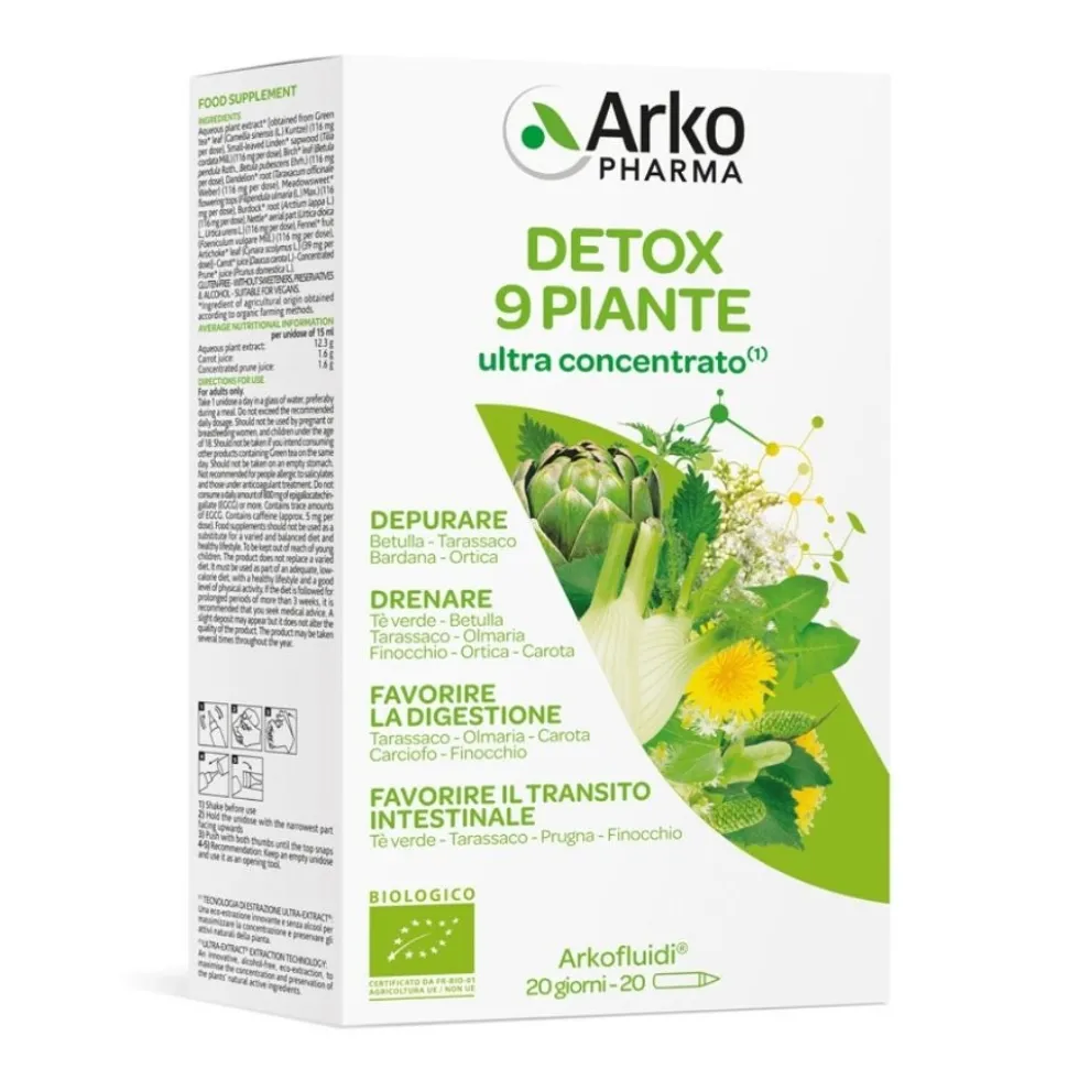 Arkopharma Arkofluidi Detox Bio - Integratore biologico per depurare e drenare, 20 flaconcini
