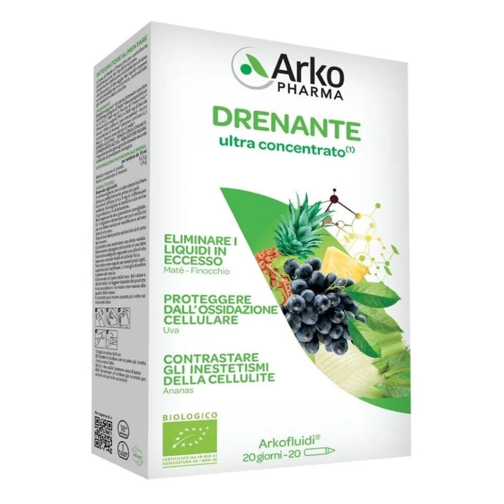Arkopharma Arkofluidi - Drenante Bio Integratore alimentare drenante e anticellulite, 20 fiale