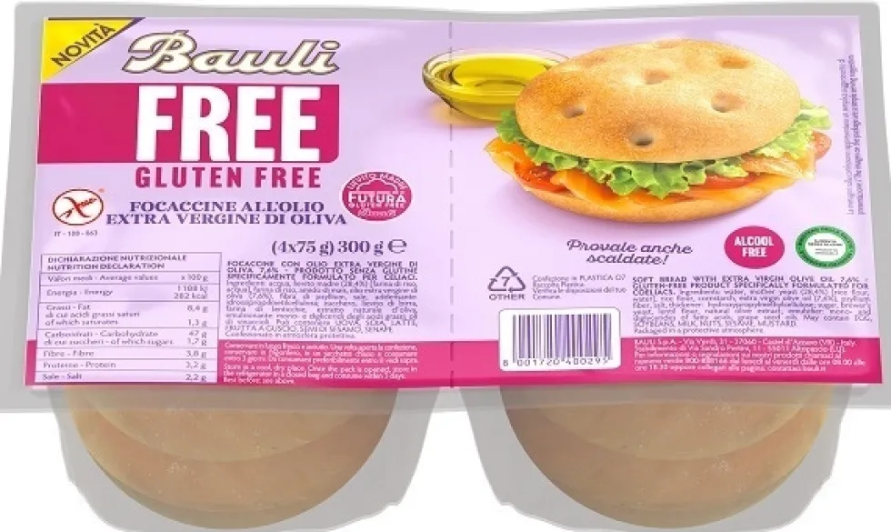 Bauli Free Focaccine all'olio evo - Focaccine senza glutine per celiaci, 4 pezzi da 75 g