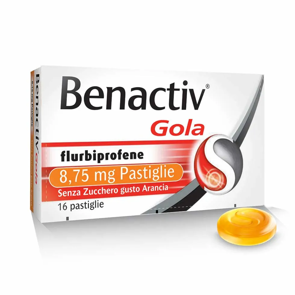 Benactiv Gola 8,75mg Flurbiprofene Pastiglie Senza Zucchero Gusto Arancia Trattamento di Stati Infiammatori del Cavo Orofaringeo, 16 Pastiglie