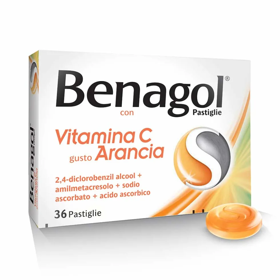 Benagol Vit C con Vitamina C Gusto Arancia Antisettico del Cavo Orale, 36 Pastiglie